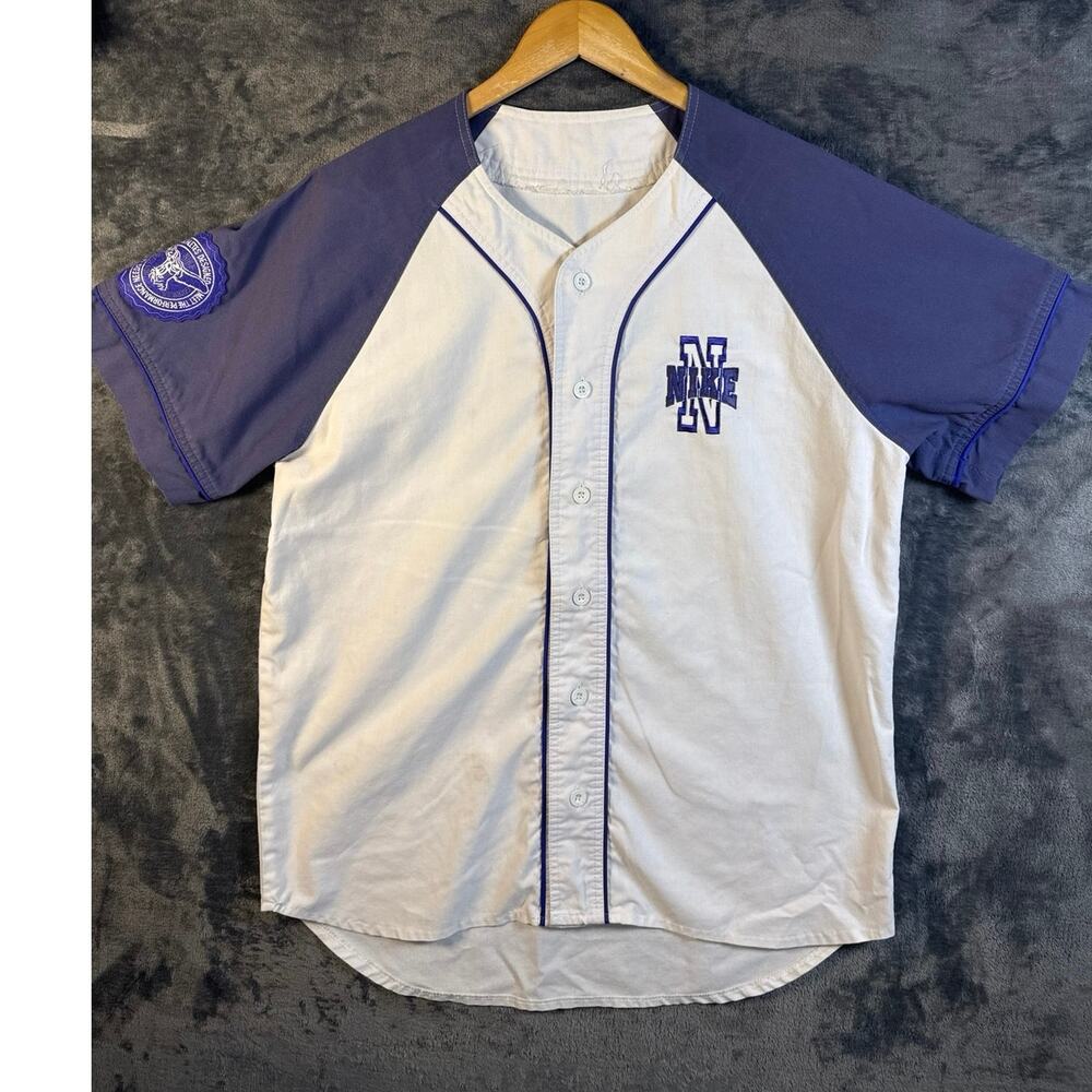 VTG 90s NIKE Goddess Of Victory Color Block Baseball Jersey Large White/Purple